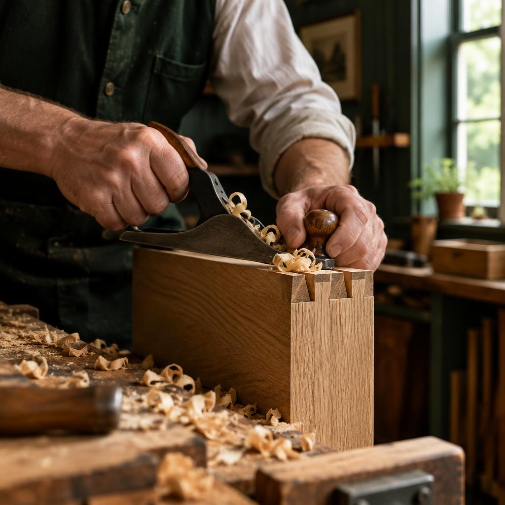 Hand-planing an oak dovetail joint in the workshop