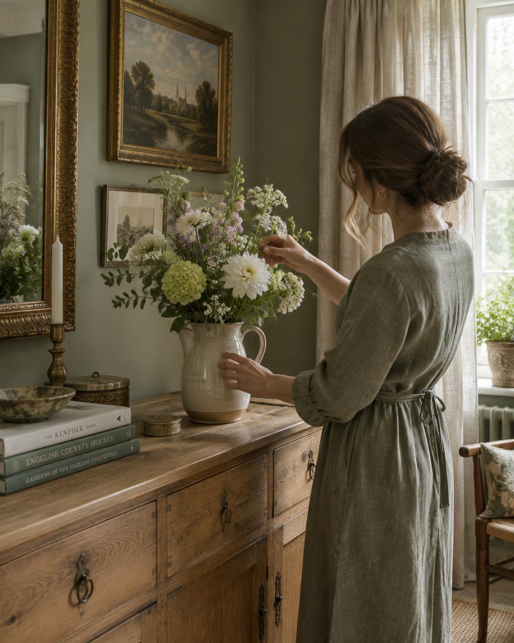 Caroline styling flowers on a handmade oak sideboard