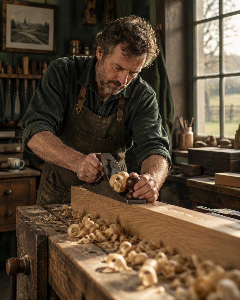 Jonny hand-planing a length of oak at the bench